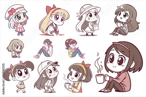  Cute anime chibi girl characters set, collection of kawaii manga style girls in various poses like reading and drinking coffee, vector illustration pack, Kawaii Anime Girl Design