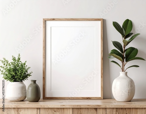 Minimalist interior with wooden frame plants and vases on a wooden shelf against a white wall