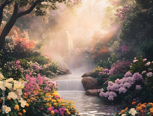 Serene Waterfall in a Magical Flower Garden