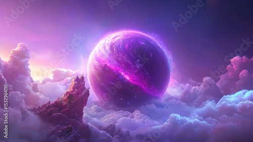 Beautiful purple planet suspended in the sky surrounded by stars creating a stunning cosmic visual representation