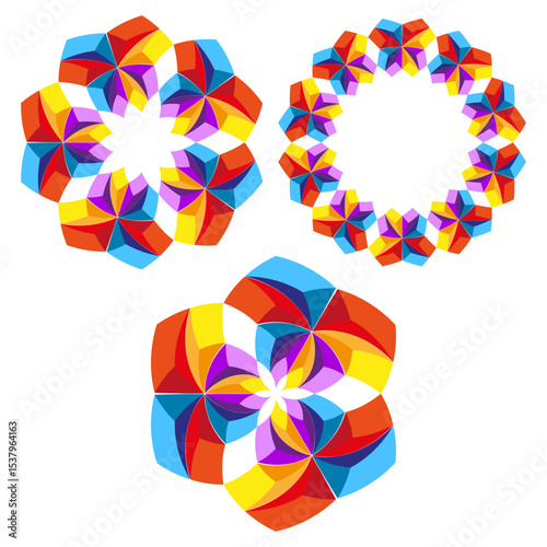 Geometric flower icons. Radial ornament shapes. Colorful petal elements. Vector abstract symbols.