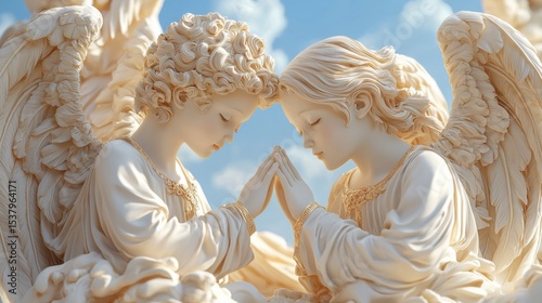 Two serene angels engaged in prayer with soft light creating a divine and peaceful atmosphere of spirituality