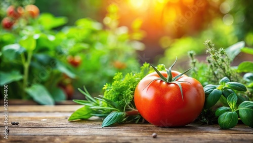 Fresh tomato with a green stem on a wooden table
