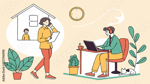 Work from home illustration parents working remotely