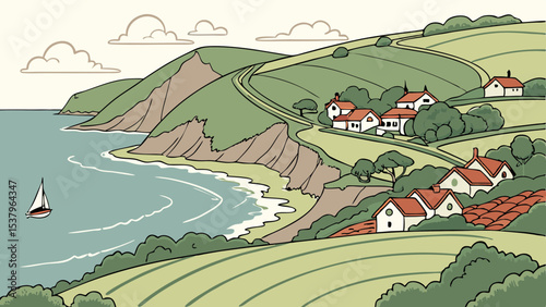 Coastal village landscape illustration with rolling hills and ocean view