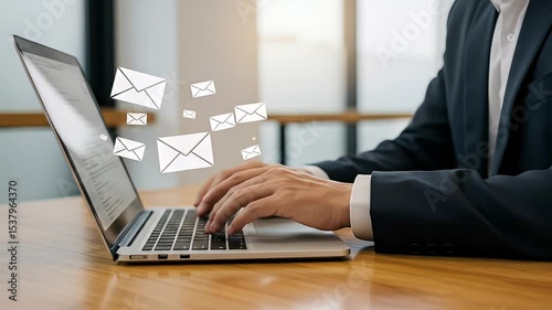 Person In Suit Typing On Laptop While Email Icons Float Against Blurred Background