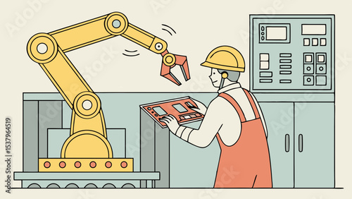 Factory worker operating robotic arm in industrial setting