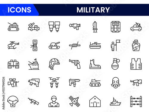 Striking vector web line icons depicting military, war, defense, strategy, weapons, and tactical operations for security and conflict scenarios.