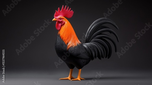 Striking rooster standing on a neutral gray surface, showcasing its unique colors and features in natural light