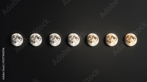 Sequence of full moon phases captured in a row, illustrating the natural cycle of the moon against a dark sky