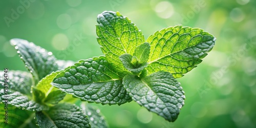 Fresh mint leaves glistening with dewdrops on a green stem