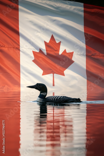 Vertical image of a loon swimming on water with a large Canadian flag background. Composite for Canada Day celebration.