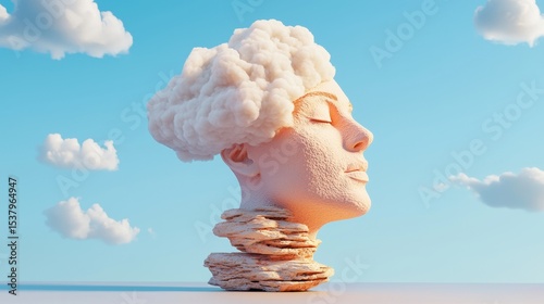 A woman's head with a dreamy cloud over her mind symbolizing thoughts and imagination in a surreal artistic representation