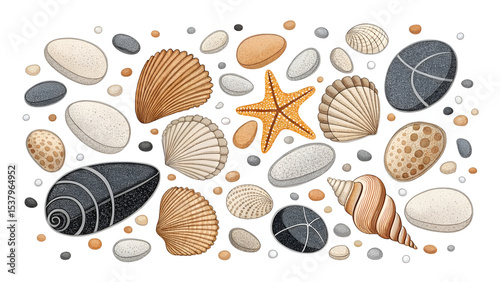 Seashell and pebble vector drawings arranged in natural beach scatter art style, thin black line illustrations with clusters and isolated elements on clean white background, perfect for coastal design