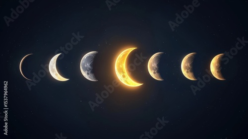 Detailed illustration of the moon and its phases alongside the beautiful arrangement of the solar system in space
