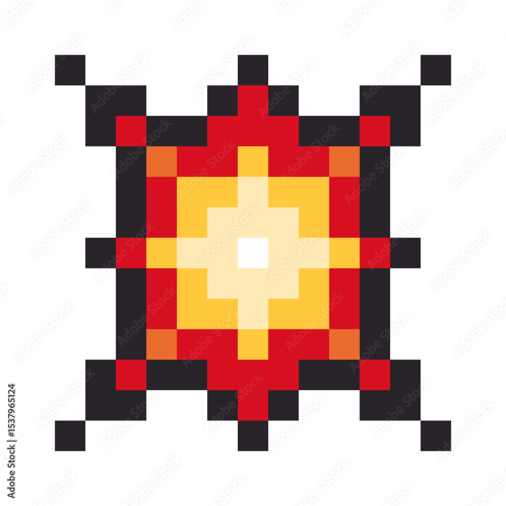 Obraz premium Pixel art explosion icon isolated on white background. Symbolizes a boom, blast, impact or mind blowing moment. Perfect for video games, retro style interfaces, app icons, reaction emojis or social