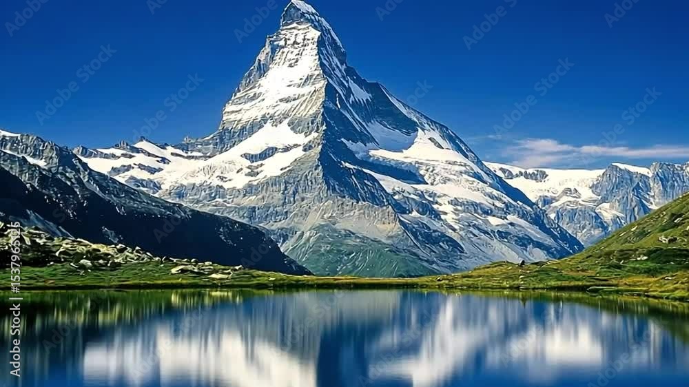 A serene mountain landscape with a reflective lake under a blue sky.