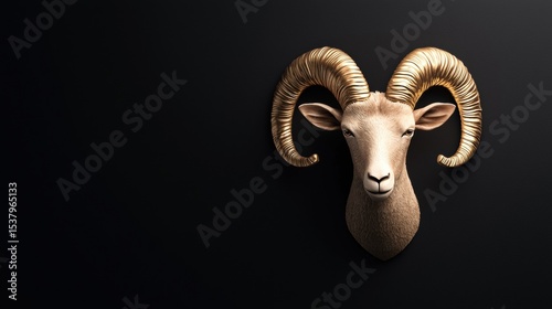 Elegant ram displaying its impressive horns and unique features against a dark black background for a striking portrait