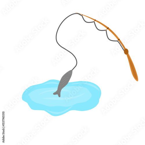 Illustration of a wooden fishing rod. Illustration of fishing in a fish pond