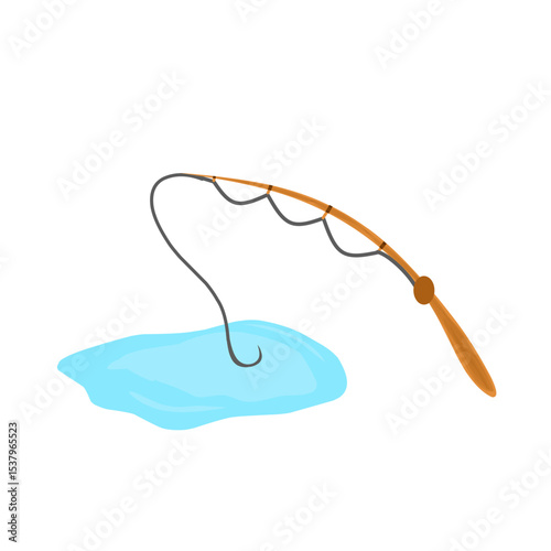 Illustration of a wooden fishing rod. Illustration of fishing in a fish pond