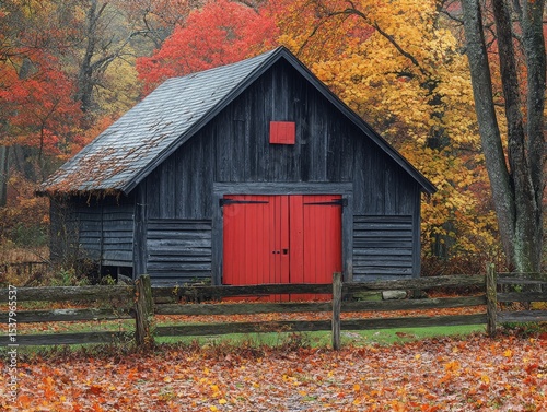 Rustic Charm: Autumn's Embrace on a Weathered Barn, a colorful Fall scene with red doors, old-fashioned wooden fence, and vibrant foliage in a scenic rural setting.