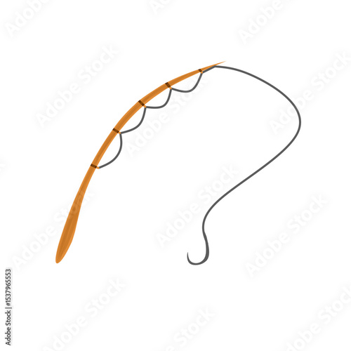 Illustration of a wooden fishing rod. Illustration of fishing in a fish pond