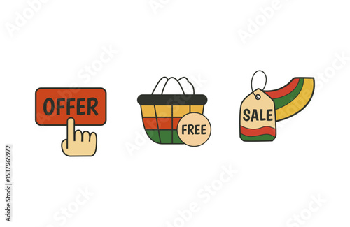 Juneteenth sale offer, free basket, and discount tag icon set representing freedom of access, economic justice, celebration deals, equality market, and Black-owned promotion