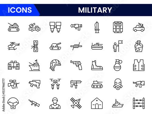 Striking vector web line icons depicting military, war, defense, strategy, weapons, and tactical operations for security and conflict scenarios.