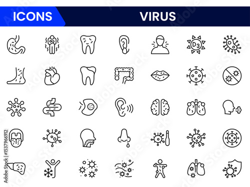 Clean vector web line icons depicting flu, viruses, medical protection, vaccines, and health precautions for disease prevention and awareness.