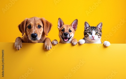 Banner hide funny surprised pets dog and cat. Isolated on yellow background. High quality