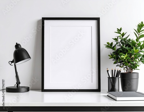 Minimalist workspace featuring a black frame lamp plant and stationery on a white desk