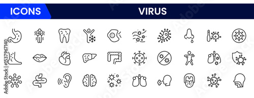 Clean vector web line icons depicting flu, viruses, medical protection, vaccines, and health precautions for disease prevention and awareness.