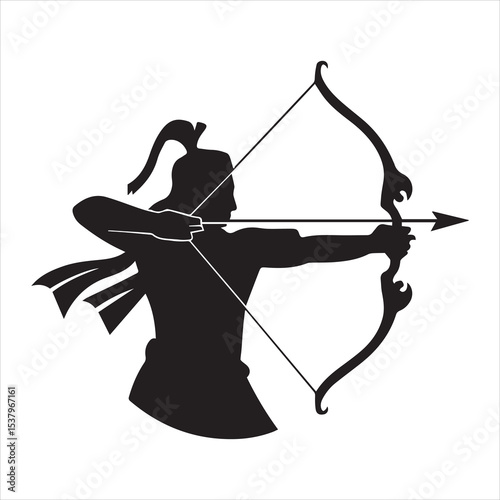Ancient Archer Silhouette Vector Drawing with Bow and Arrow