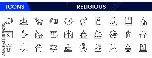Sacred vector web line icons depicting religious symbols, faith, worship, spirituality, and diverse cultural beliefs with reverence and unity.