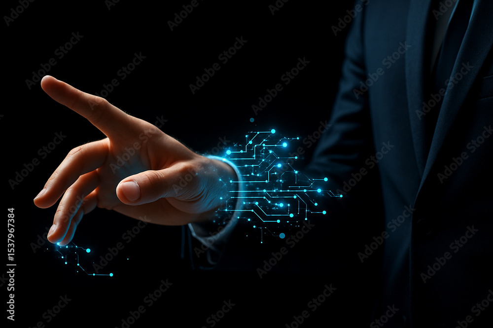 Fototapeta premium AI generated businessman hand reaching into digital space with glowing blue circuit lines emerging from fingertips symbolizing technology control innovation and human machine integration