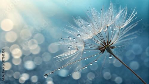 Close-up of a dandelion puffball covered in shimmering, clear water drops