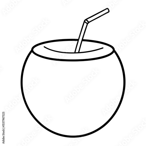 Coconut drink line art vector with straw and umbrella, ideal for tropical summer designs, vacation posters, and beach-themed digital artwork.