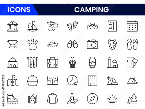 Adventurous vector web line icons depicting camping, tents, campfires, hiking gear, and outdoor exploration for nature enthusiasts. photo