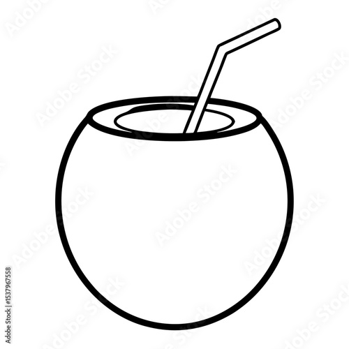 Hand-drawn coconut drink vector line art, ideal for summer flyers, beach-themed branding, and resort advertisements.