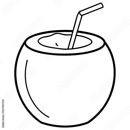 Minimal coconut drink outline illustration, perfect for summer t-shirts, cocktail bar menus, and tropical travel content.