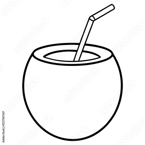 Coconut water drink line illustration for vacation clipart, juice bar ads, and beach lifestyle designs.