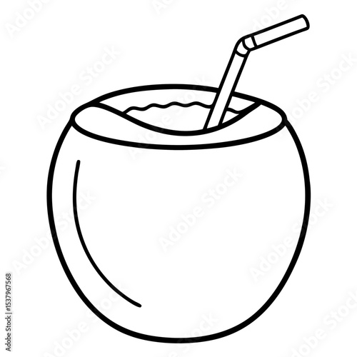 Coconut drink line art vector with straw and umbrella, ideal for tropical summer designs, beach party invites, and minimalist vacation graphics.