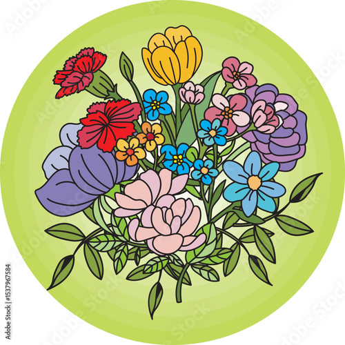 Abstract bouquet flower with leaf on green circle background.