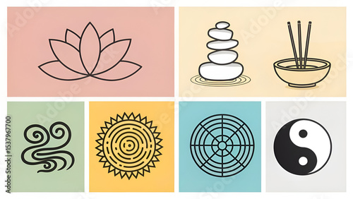 Vector icons of meditation elements including lotus flower, stacked stones, incense swirl, and yin-yang in black stroke outlines arranged in soft clusters, perfect for yoga, wellness, and mental healt