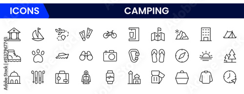 Adventurous vector web line icons depicting camping, tents, campfires, hiking gear, and outdoor exploration for nature enthusiasts. photo