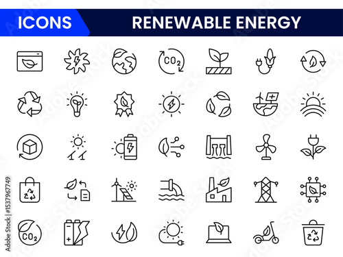 Eco-friendly vector web line icons depicting renewable energy, solar panels, wind turbines, sustainability, and green power solutions.