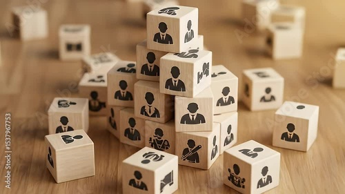 Wooden Cubes Stacked In Pyramid Arrangement with Black Human Icons on Textured Surface