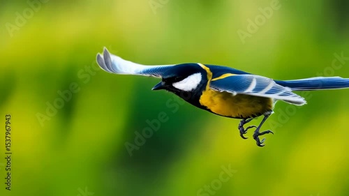 Great tit bird dynamically soars through the air with wings outstretched against a soft green background