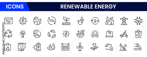 Eco-friendly vector web line icons depicting renewable energy, solar panels, wind turbines, sustainability, and green power solutions.
