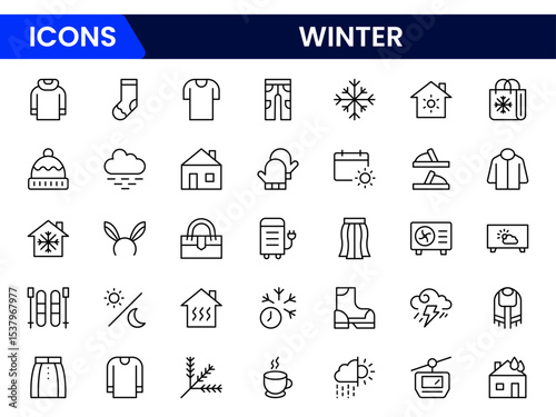 Chilly vector web line icons depicting winter, snowflakes, ice, scarves, and cozy seasonal elements for frosty adventures and warmth.